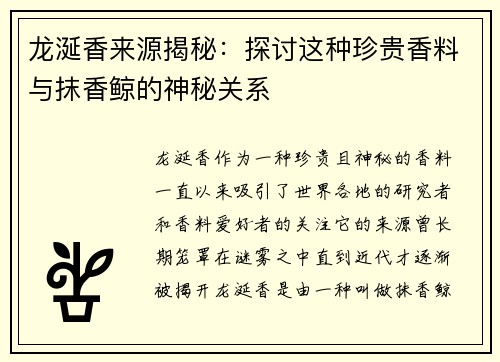 龙涎香来源揭秘：探讨这种珍贵香料与抹香鲸的神秘关系